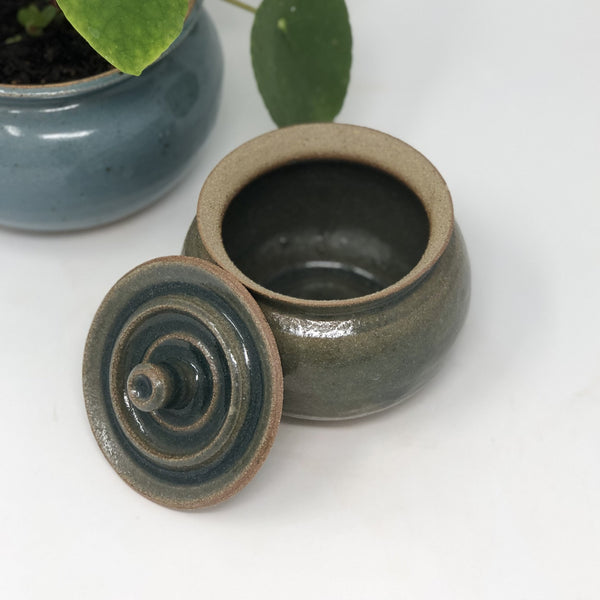stoneware hand thrown blue lidded vessel sugar bowl