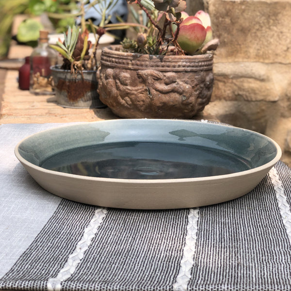 large stoneware dark blue grey celadon serving plate